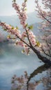 Japanese plum and peach tree branches in full bloom, densely covered in delicate pink and white blossoms