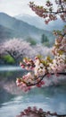 Japanese plum and peach tree branches in full bloom Royalty Free Stock Photo