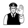 Japanese Policeman or Police Officer Wearing Face Mask Showing Stop Hand Signal Black and White Cartoon