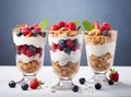 Japanese popular dessert parfait made with fresh fruit, yogurt and granola isolated on cement background. Created with