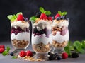 Japanese popular dessert parfait made with fresh fruit, yogurt and granola isolated on cement background. Created with