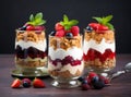 Japanese popular dessert parfait made with fresh fruit, yogurt and granola isolated on cement background. Created with