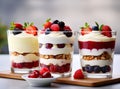 Japanese popular dessert parfait made with fresh fruit, yogurt and granola isolated on cement background. Created with