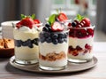 Japanese popular dessert parfait made with fresh fruit, yogurt and granola isolated on cement background. Created with