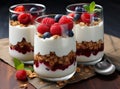 Japanese popular dessert parfait made with fresh fruit, yogurt and granola isolated on cement background. Created with