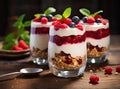 Japanese popular dessert parfait made with fresh fruit, yogurt and granola isolated on cement background. Created with