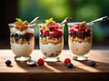 Japanese popular dessert parfait made with fresh fruit, yogurt and granola isolated on cement background. Created with