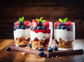 Japanese popular dessert parfait made with fresh fruit, yogurt and granola isolated on cement background. Created with