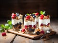 Japanese popular dessert parfait made with fresh fruit, yogurt and granola isolated on cement background. Created with