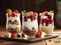 Japanese popular dessert parfait made with fresh fruit, yogurt and granola isolated on cement background. Created with