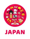 Japanese poster, postcard, banner. Big red circle with famous symbols, geisha, sushi, fuji, manga, sakura and origami.