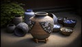 Japanese pottery sale pot cup ceramic kyoto dish japan market plate oriental ornament blue tea street decoration shopping buy
