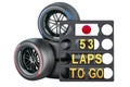 Japanese racing, pit board with flag of Japan and racing wheels with different compounds type tyres. 3D rendering Royalty Free Stock Photo