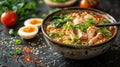 japanese ramen with chicken, green vegetables and eggs Royalty Free Stock Photo