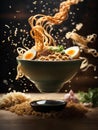 Japanese ramen, floating noodle soup dish, broth, noodles, meat, vegetables. Cinematic advertising photography Royalty Free Stock Photo