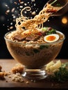 Japanese ramen, floating noodle soup dish, broth, noodles, meat, vegetables. Cinematic advertising photography Royalty Free Stock Photo