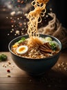 Japanese ramen, floating noodle soup dish, broth, noodles, meat, vegetables. Cinematic advertising photography Royalty Free Stock Photo