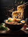 Japanese ramen, floating noodle soup dish, broth, noodles, meat, vegetables. Cinematic advertising photography Royalty Free Stock Photo