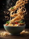 Japanese ramen, floating noodle soup dish, broth, noodles, meat, vegetables. Cinematic advertising photography Royalty Free Stock Photo