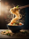 Japanese ramen, floating noodle soup dish, broth, noodles, meat, vegetables. Cinematic advertising photography Royalty Free Stock Photo