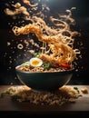 Japanese ramen, floating noodle soup dish, broth, noodles, meat, vegetables. Cinematic advertising photography Royalty Free Stock Photo