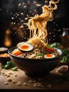 Japanese ramen, floating noodle soup dish, broth, noodles, meat, vegetables. Cinematic advertising photography Royalty Free Stock Photo