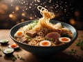 Japanese ramen, floating noodle soup dish, broth, noodles, meat, vegetables. Cinematic advertising photography Royalty Free Stock Photo