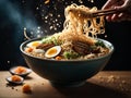 Japanese ramen, floating noodle soup dish, broth, noodles, meat, vegetables. Cinematic advertising photography Royalty Free Stock Photo