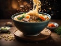 Japanese ramen, floating noodle soup dish, broth, noodles, meat, vegetables. Cinematic advertising photography Royalty Free Stock Photo