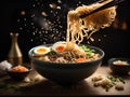 Japanese ramen, floating noodle soup dish, broth, noodles, meat, vegetables. Cinematic advertising photography Royalty Free Stock Photo