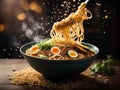 Japanese ramen, floating noodle soup dish, broth, noodles, meat, vegetables. Cinematic advertising photography Royalty Free Stock Photo