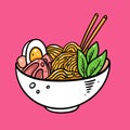 Japanese Ramen. Hand drawn colorful vector illustration. Isolated on soft pink background. Royalty Free Stock Photo