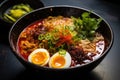 Japanese ramen noodle with beef and egg on a wooden table, Embark on a spicy ramen adventure with a steaming bowl of noodles, Royalty Free Stock Photo