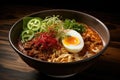 Japanese ramen noodle with beef and egg on wooden table, Embark on a spicy ramen adventure with a steaming bowl of noodles, Royalty Free Stock Photo