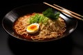 Japanese ramen noodle with egg in black bowl on black background, Japanese Ramen noodles in soy sauce flavored soup, AI Generated