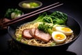 japanese ramen noodle with pork and egg on black background, Miso Ramen Asian noodles with egg, pork and pak choi cabbage in bowl