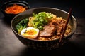 japanese ramen noodle with pork and egg on dark background, Miso Ramen Asian noodles with egg, pork and pak choi cabbage in bowl