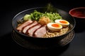 Japanese ramen noodle with roast duck and egg on black background, Miso Ramen Asian noodles with egg, pork and pak choi cabbage in