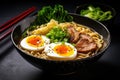 Japanese ramen noodle with roast duck and egg on black background, Miso Ramen Asian noodles with egg, pork and pak choi cabbage in