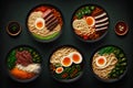 Japanese ramen noodle set in bowls on black background, top view