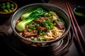 Japanese ramen noodle soup with beef and vegetables in a bowl.