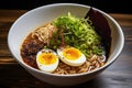 Japanese ramen noodle soup with egg and seaweed on wooden table, Embark on a spicy ramen adventure with a steaming bowl of noodles Royalty Free Stock Photo