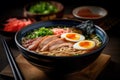 Japanese ramen noodles soup with pork, egg, scallion and seaweed. Generative AI. Royalty Free Stock Photo