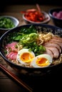 Japanese ramen noodles soup with pork, egg, scallion and seaweed. Generative AI. Royalty Free Stock Photo