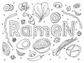 Japanese ramen noodles vector set of ingredients with lettering. Soup with chicken, eggs, carrots, onions in a miso