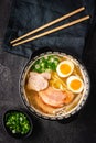 Japanese Ramen Soup with Udon Noodles, Pork, Eggs and Scallion