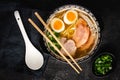 Japanese Ramen Soup with Udon Noodles, Pork, Eggs and Scallion