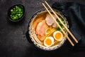 Japanese Ramen Soup with Udon Noodles, Pork, Eggs and Scallion