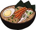 Japanese ramen soup vector. Tradition Asian meal with chicken, eggs, carrots, onions and noodles in a miso broth. Stock