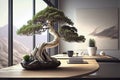 Japanese red bonsai tree art display on the black wooden table with grey wall decoration in luxury hotel room Royalty Free Stock Photo